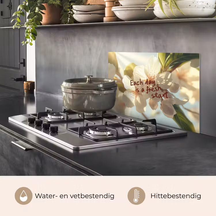 Spatscherm keuken - Bloesems - Zonlicht - Quote - Wit — 7