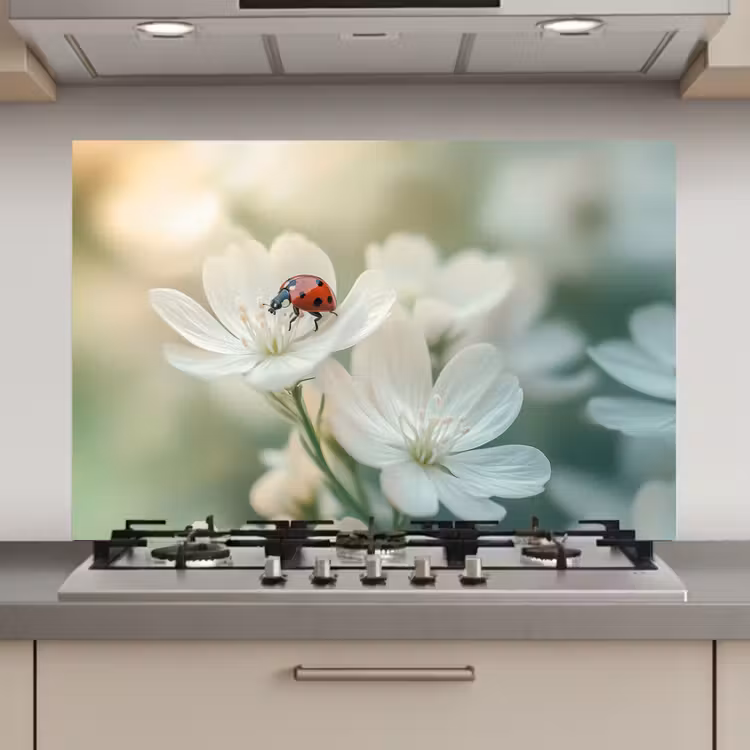 Spatscherm keuken - Lieveheersbeestje - Bloemen - Wit — 1