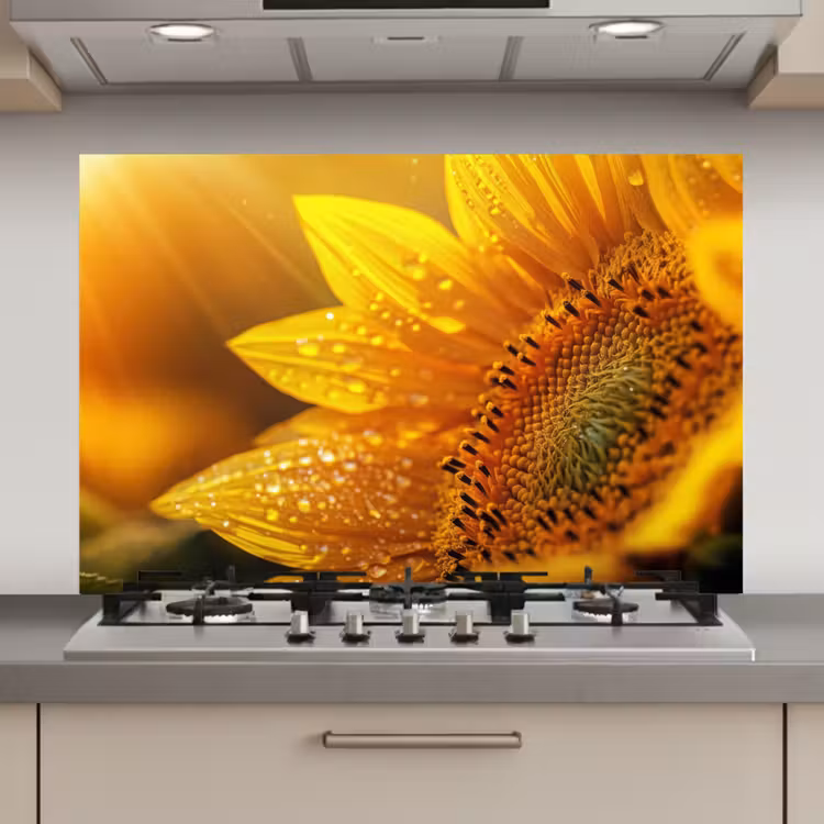 Spatscherm keuken - Zonnebloem - Dauwdruppels - Geel - Zonlicht — 1