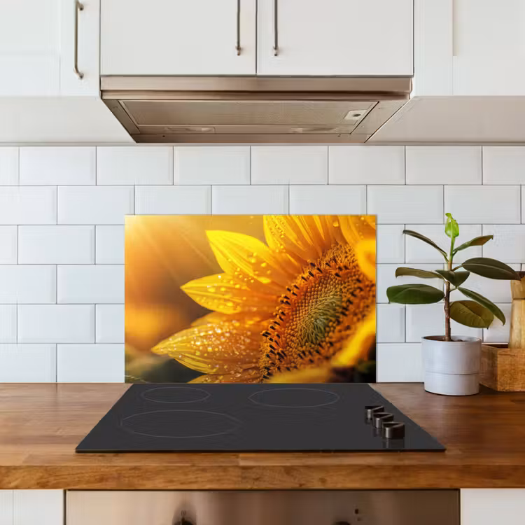 Spatscherm keuken - Zonnebloem - Dauwdruppels - Geel - Zonlicht — 6