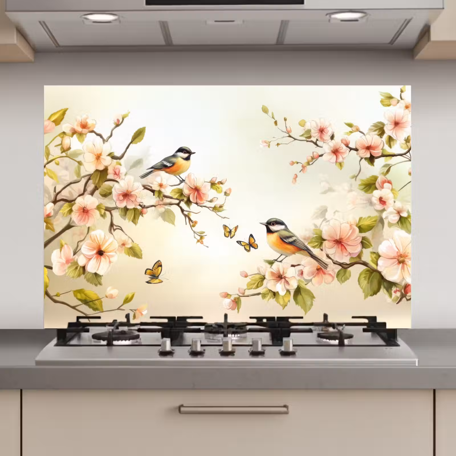 Spatscherm keuken - Takken - Bloemen - Vogeltjes - Roze — 1