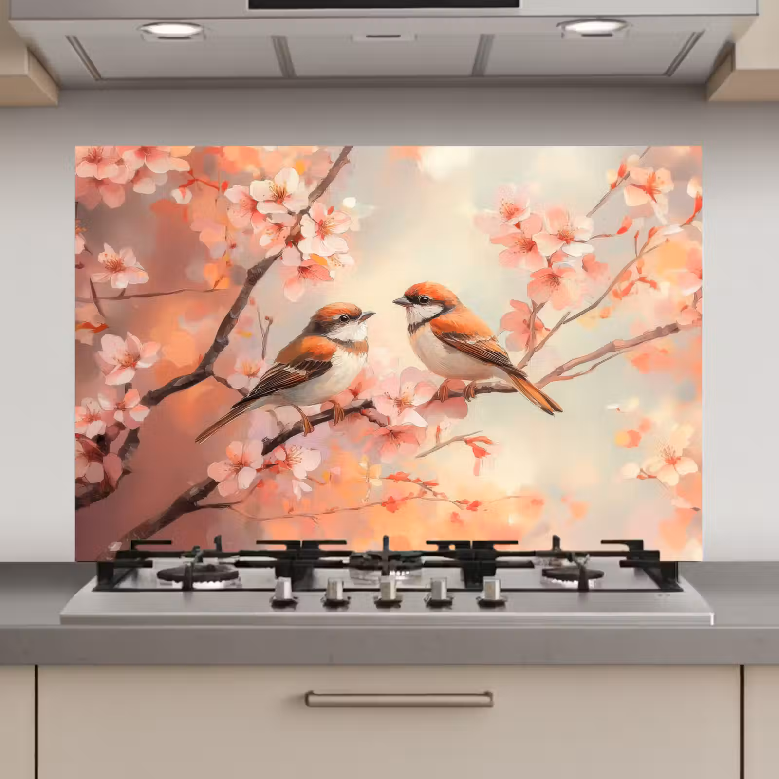 Spatscherm keuken - Vogels - Romantic - Bloesemtak — 1