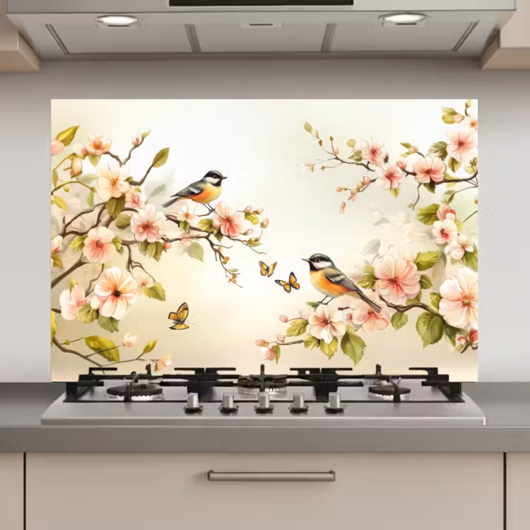 Spatscherm keuken - Takken - Bloemen - Vogeltjes - Roze — 1