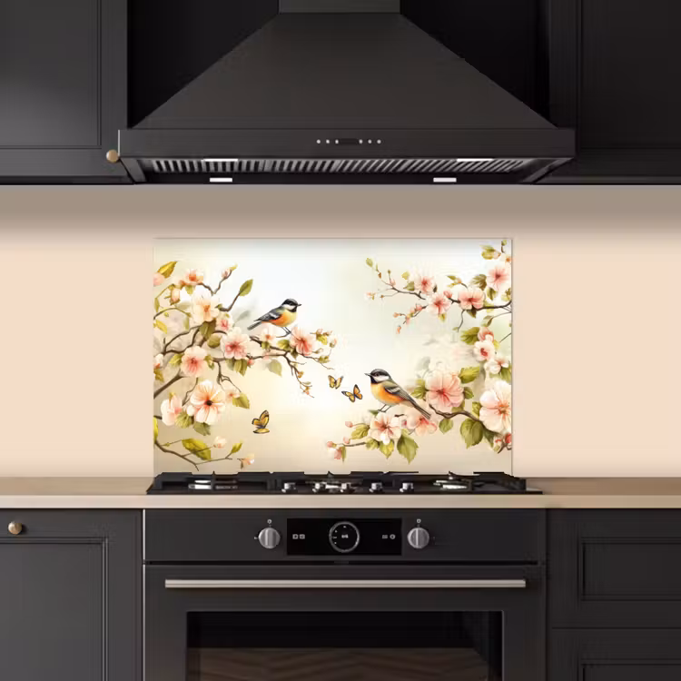 Spatscherm keuken - Takken - Bloemen - Vogeltjes - Roze — 2