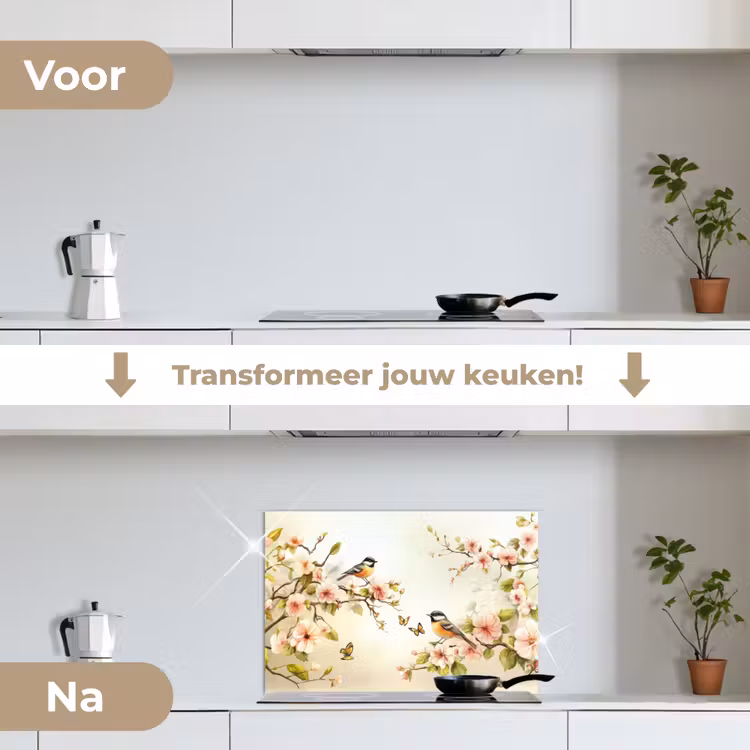 Spatscherm keuken - Takken - Bloemen - Vogeltjes - Roze — 3