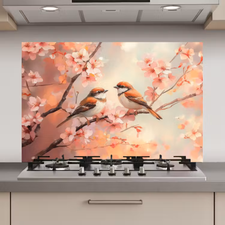 Spatscherm keuken - Vogels - Romantic - Bloesemtak — 1