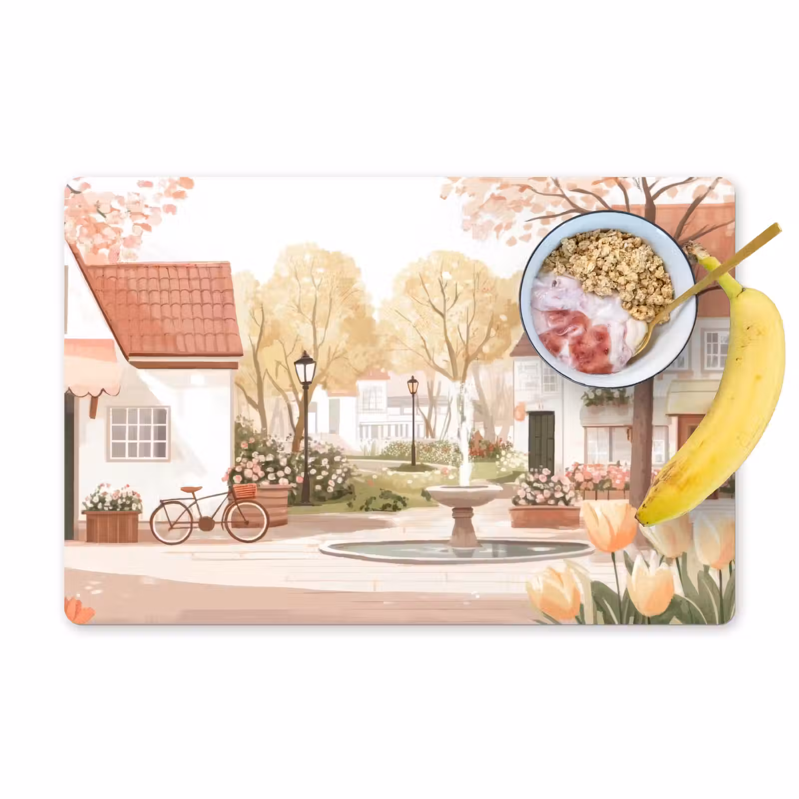 Placemat - 6 stuks - Dorpsplein - Fontein - Tulpen — 1