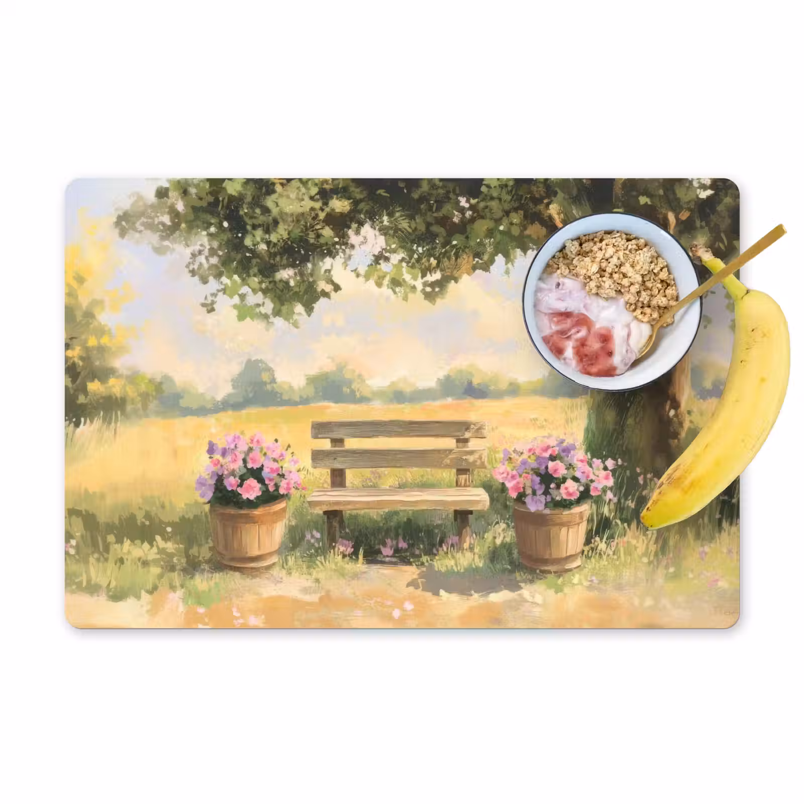 Placemat - 6 stuks - Houten bankje - Bloempotten - Landschap — 1