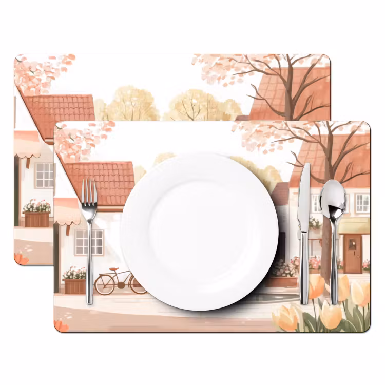 Placemat - 6 stuks - Dorpsplein - Fontein - Tulpen — 2