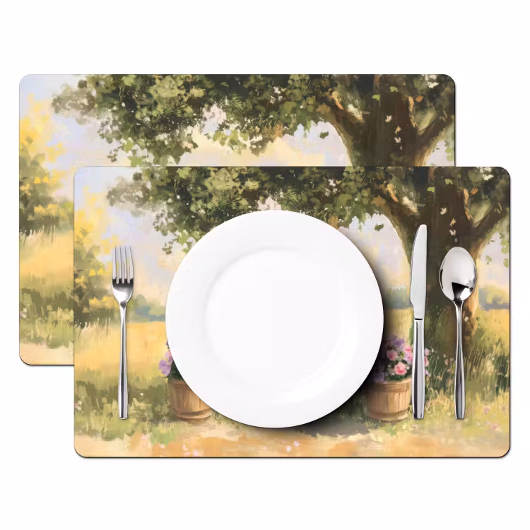 Placemat - 6 stuks - Houten bankje - Bloempotten - Landschap — 2