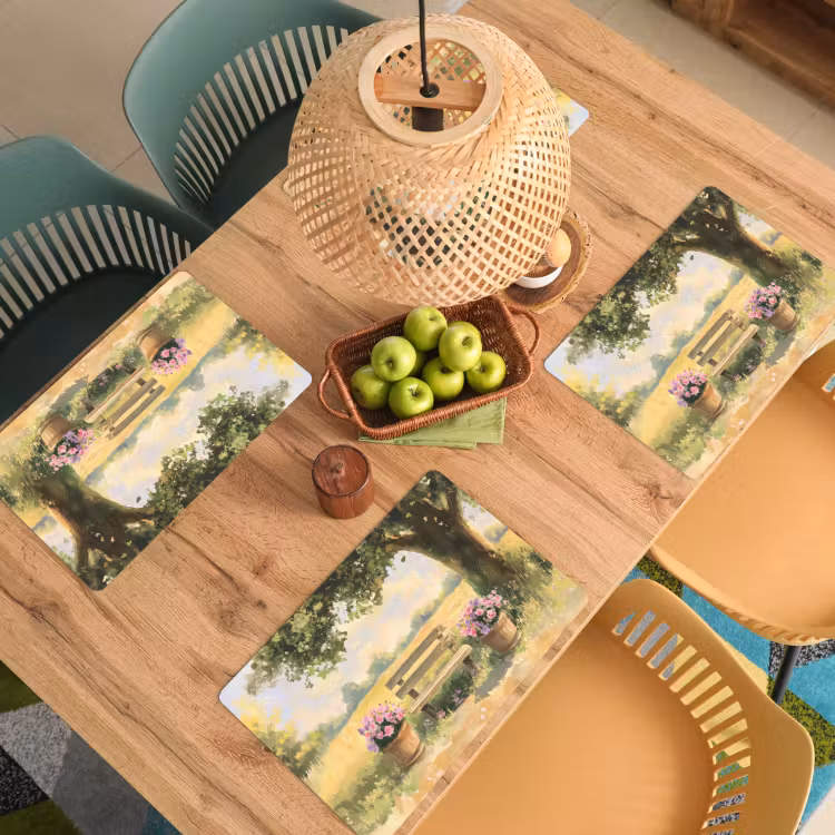 Placemat - 6 stuks - Houten bankje - Bloempotten - Landschap — 6