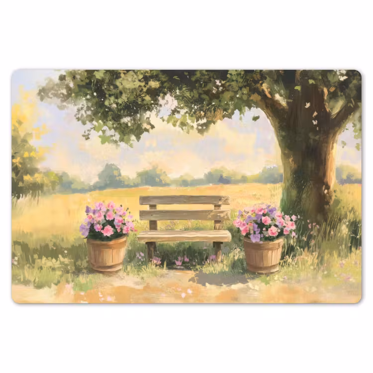Placemat - 6 stuks - Houten bankje - Bloempotten - Landschap — 7