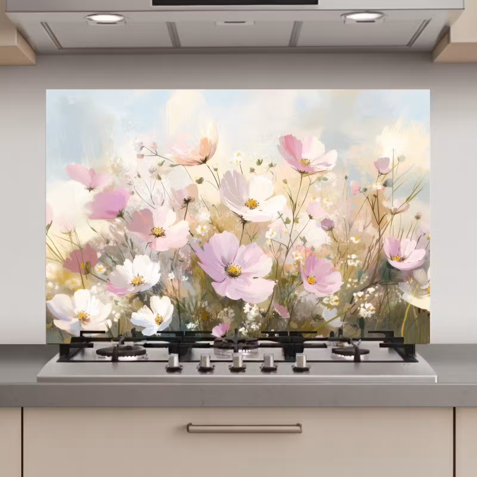 Spatscherm keuken - Bloemenveld - Lichte tinten - Geschilderd — 1
