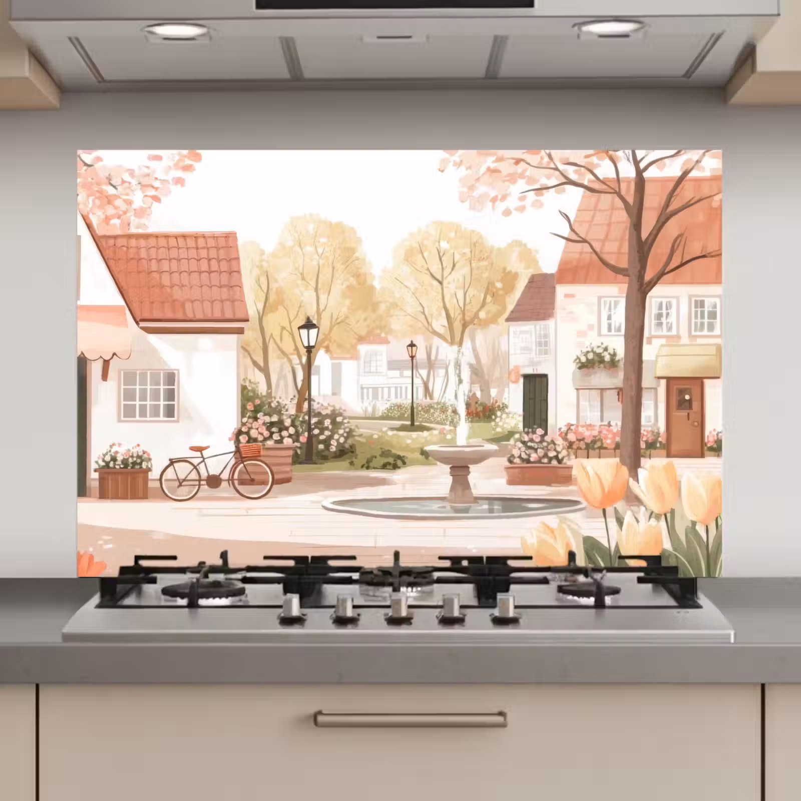 Spatscherm keuken - Dorpsplein - Fontein - Tulpen — 1