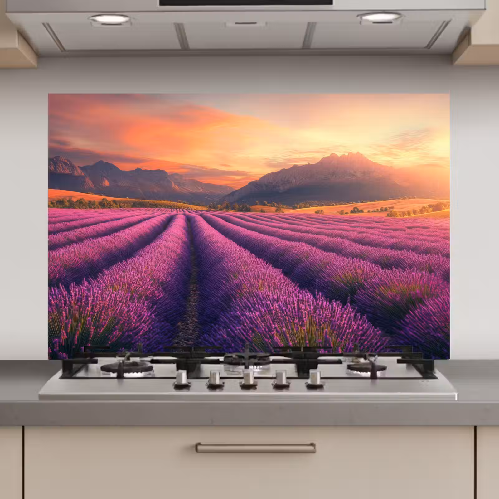 Spatscherm keuken - Lavendelveld - Zonsondergang - Paars — 1