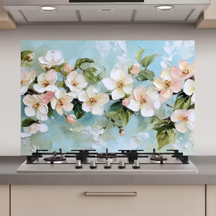 Spatscherm keuken - Bloesem - Bladeren - Lichtblauw — 1