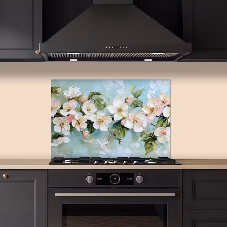 Spatscherm keuken - Bloesem - Bladeren - Lichtblauw — 2