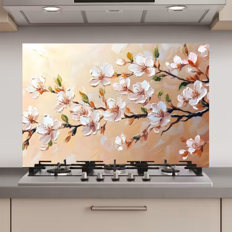 Spatscherm keuken - Bloesemtakken - Schilderachtig - Roze — 1