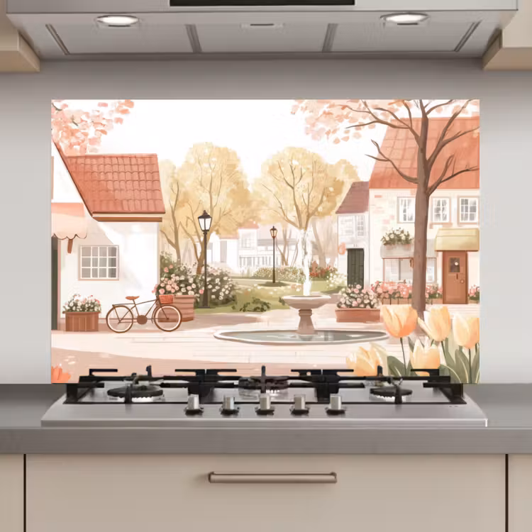 Spatscherm keuken - Dorpsplein - Fontein - Tulpen — 1