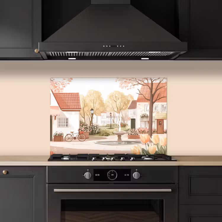 Spatscherm keuken - Dorpsplein - Fontein - Tulpen — 2