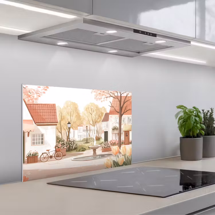 Spatscherm keuken - Dorpsplein - Fontein - Tulpen — 5