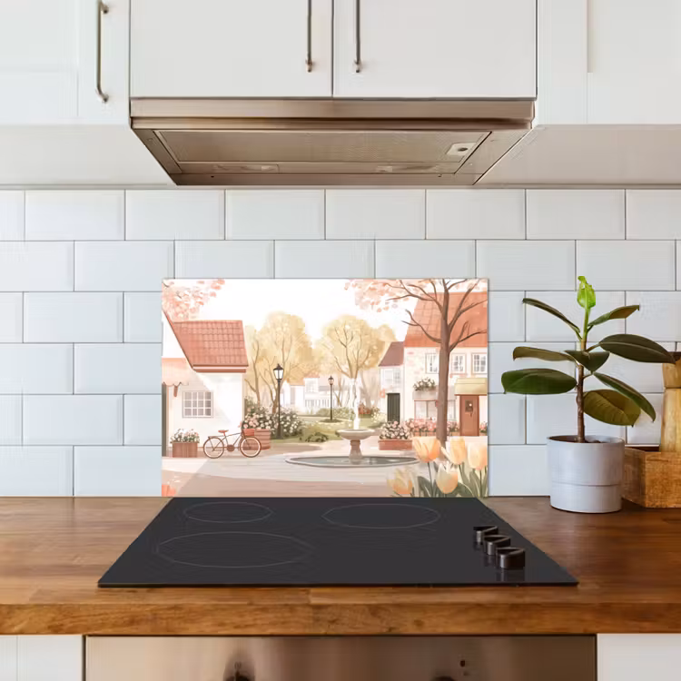 Spatscherm keuken - Dorpsplein - Fontein - Tulpen — 6
