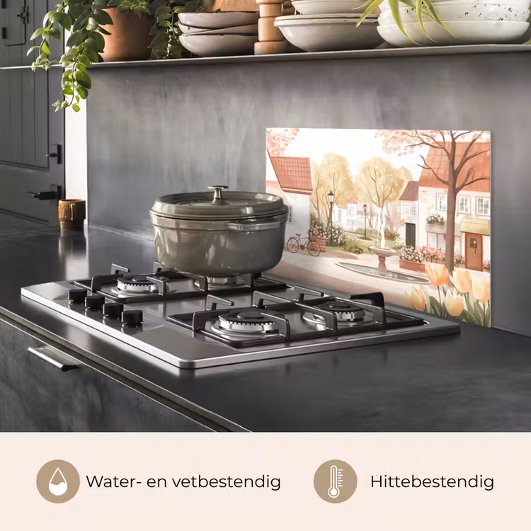 Spatscherm keuken - Dorpsplein - Fontein - Tulpen — 7