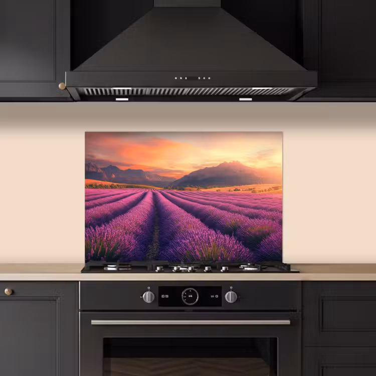 Spatscherm keuken - Lavendelveld - Zonsondergang - Paars — 2