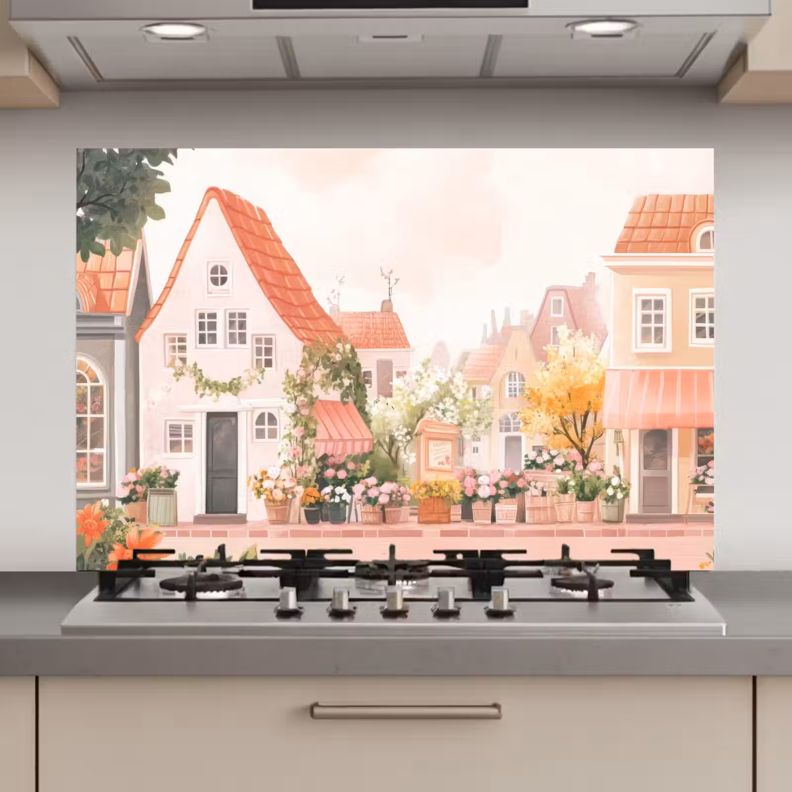 Spatscherm keuken - Bloemen - Huizen - Dorp — 1