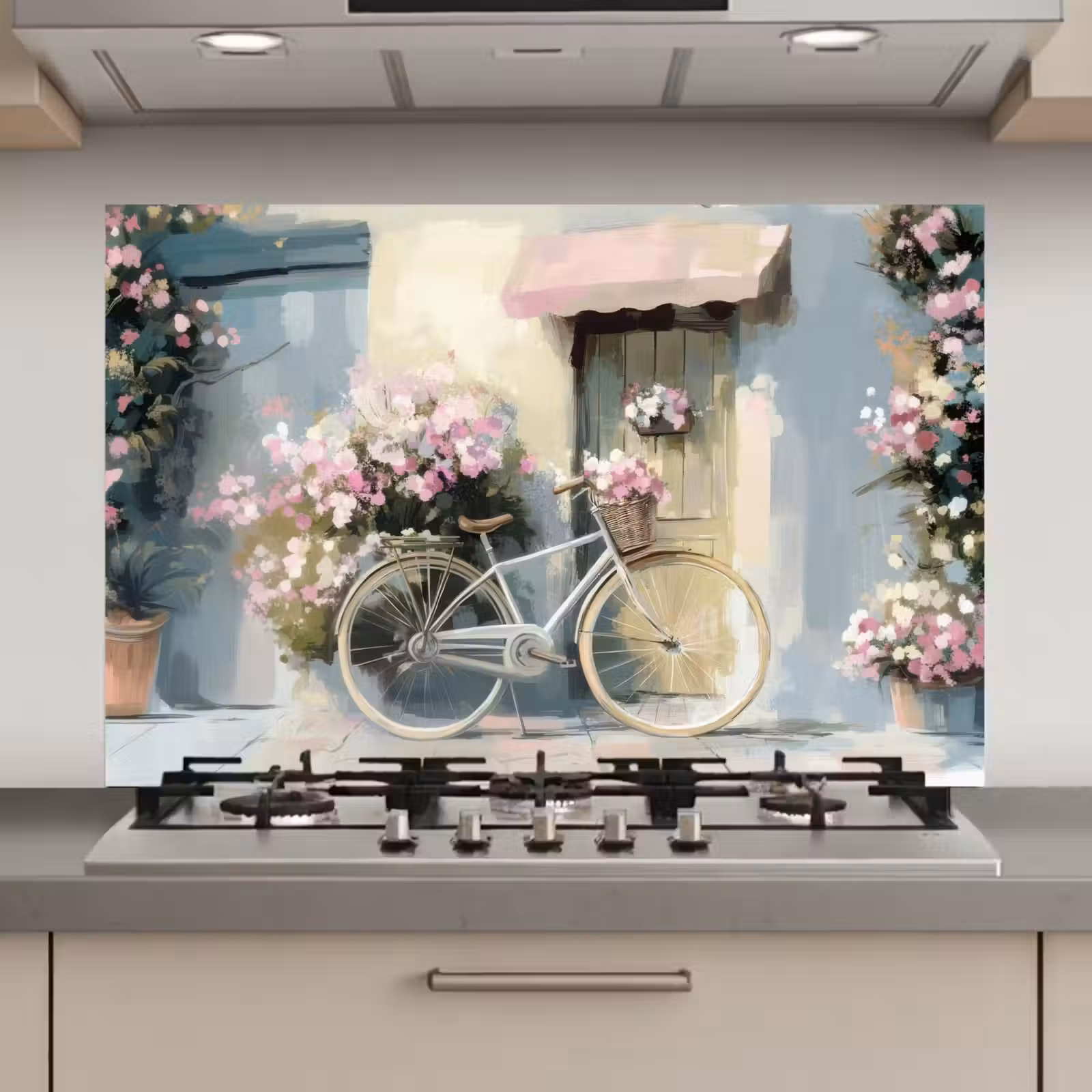 Spatscherm keuken - Fiets - Pastelkleuren - Bloemen — 1
