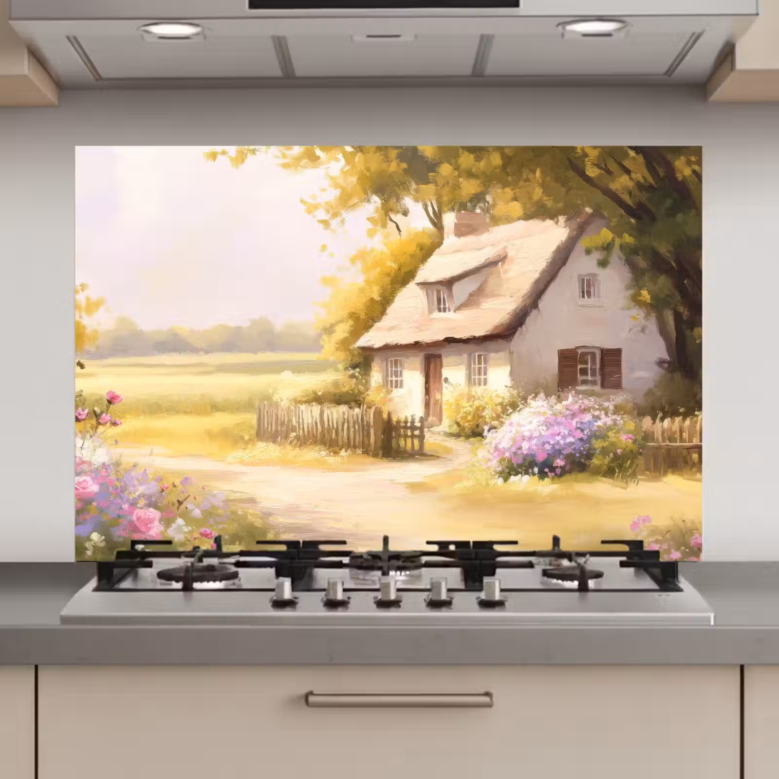 Spatscherm keuken - Huisje - Hout - Bloemen — 1