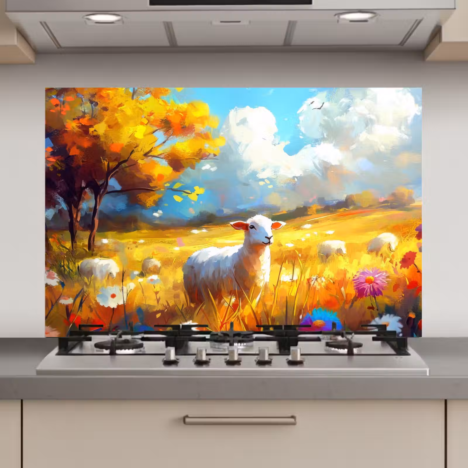 Spatscherm keuken - Schaap - Weide - Bloemen — 1