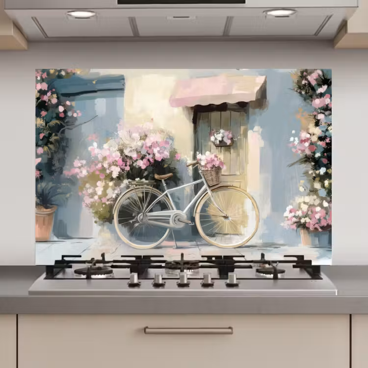 Spatscherm keuken - Fiets - Pastelkleuren - Bloemen — 1