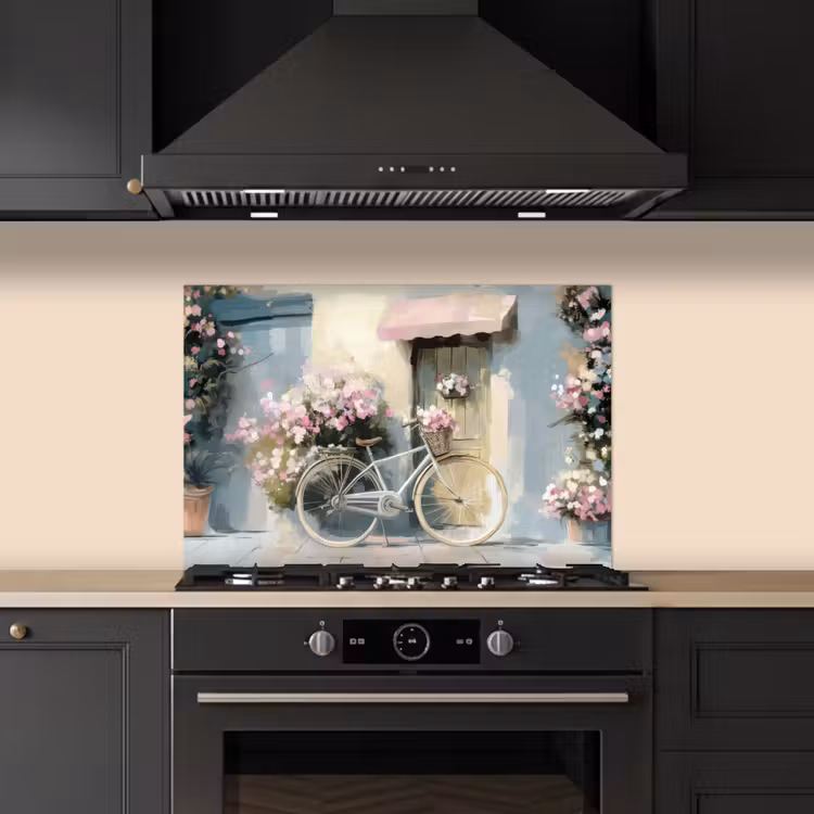 Spatscherm keuken - Fiets - Pastelkleuren - Bloemen — 2