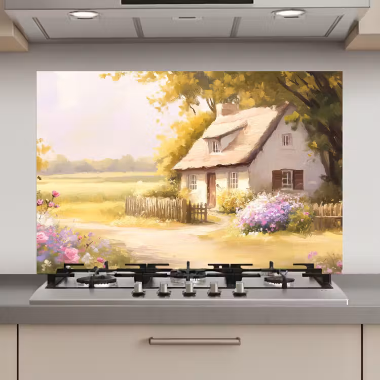 Spatscherm keuken - Huisje - Hout - Bloemen — 1