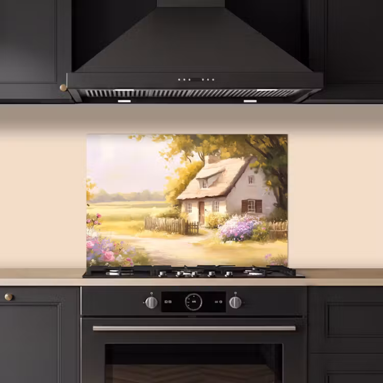 Spatscherm keuken - Huisje - Hout - Bloemen — 2