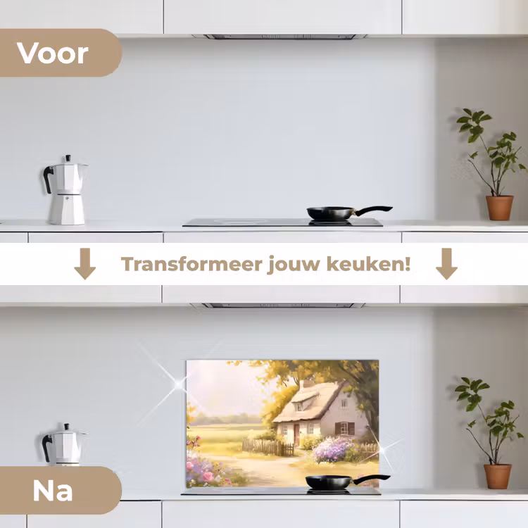 Spatscherm keuken - Huisje - Hout - Bloemen — 3
