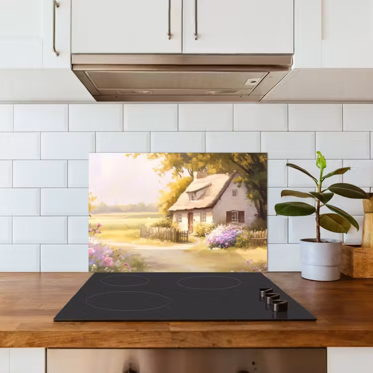 Spatscherm keuken - Huisje - Hout - Bloemen — 6