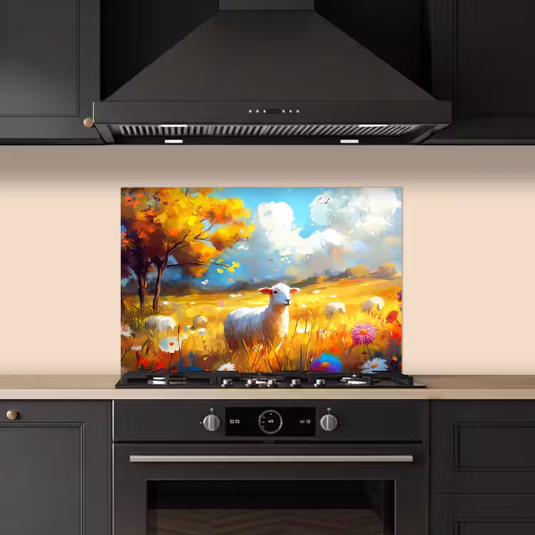 Spatscherm keuken - Schaap - Weide - Bloemen — 2
