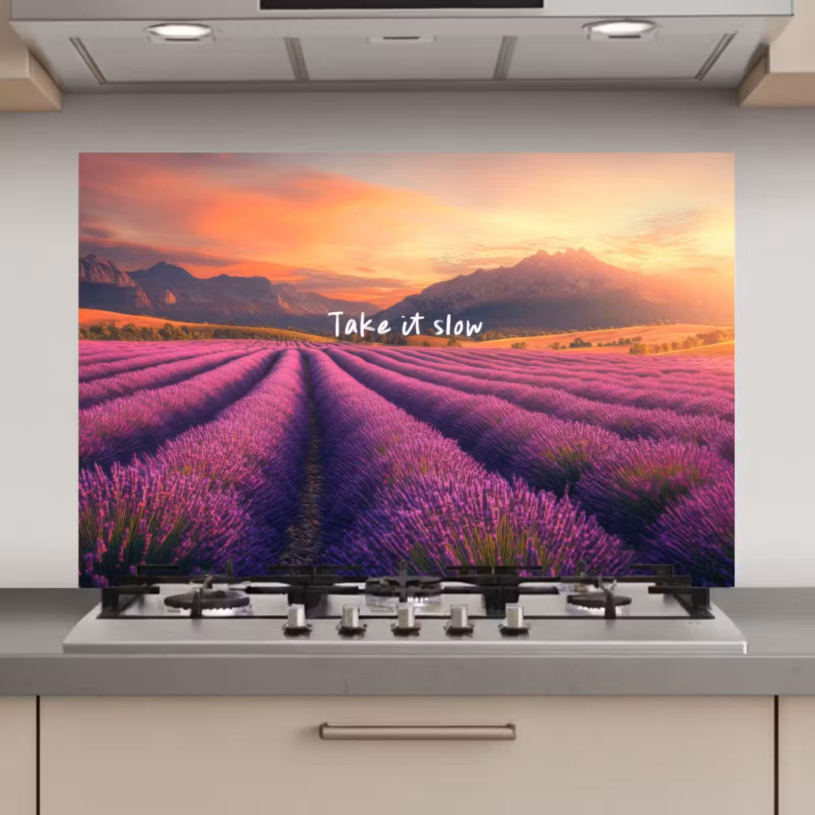 Spatscherm keuken - Lavendelveld - Quote - Zonsondergang — 1