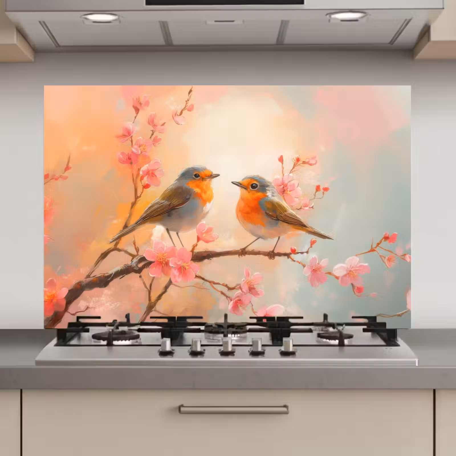 Spatscherm keuken - Roodborstjes - Sierlijk - Bloesemtak — 1