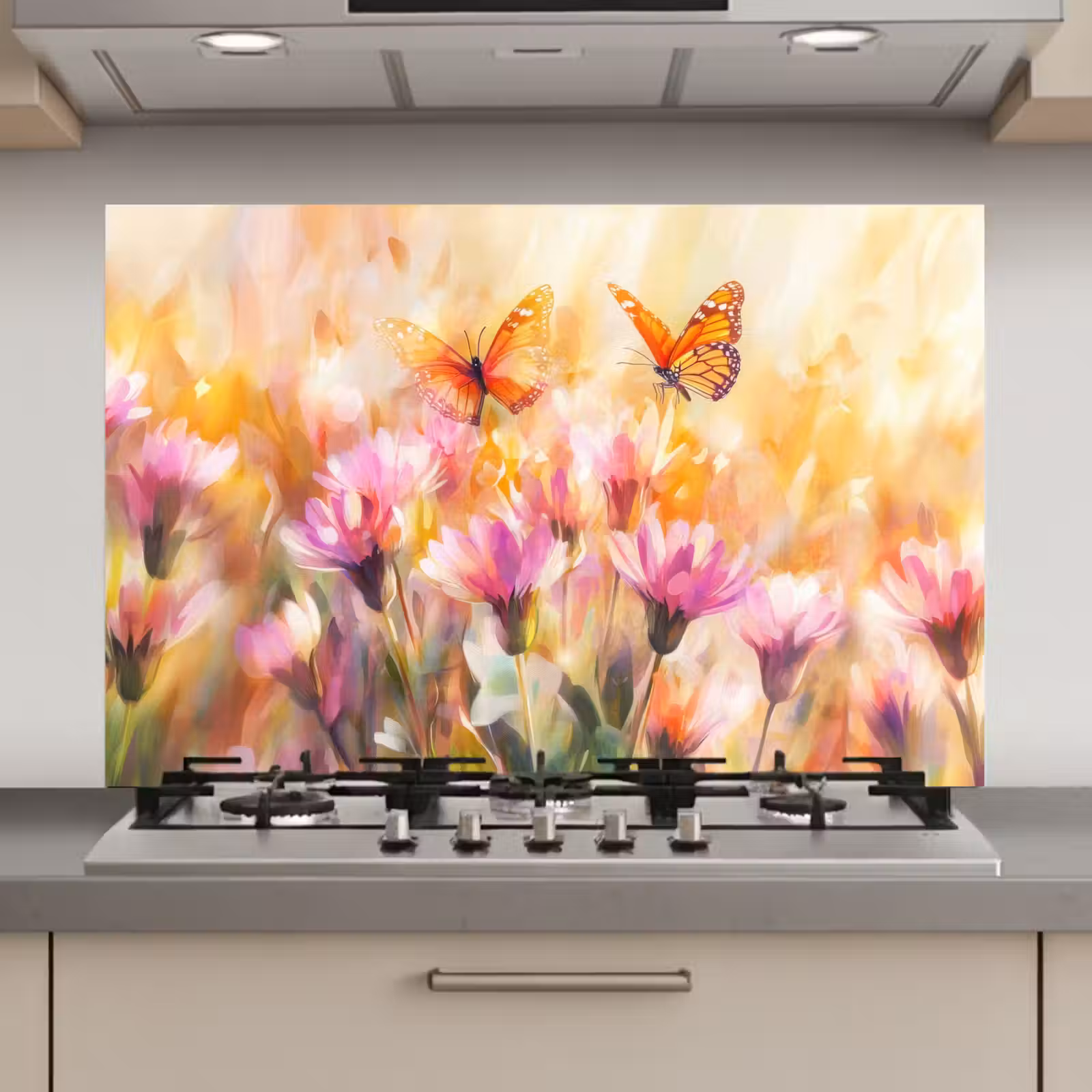 Spatscherm keuken - Vlinders - Oranje - Bloemen — 1