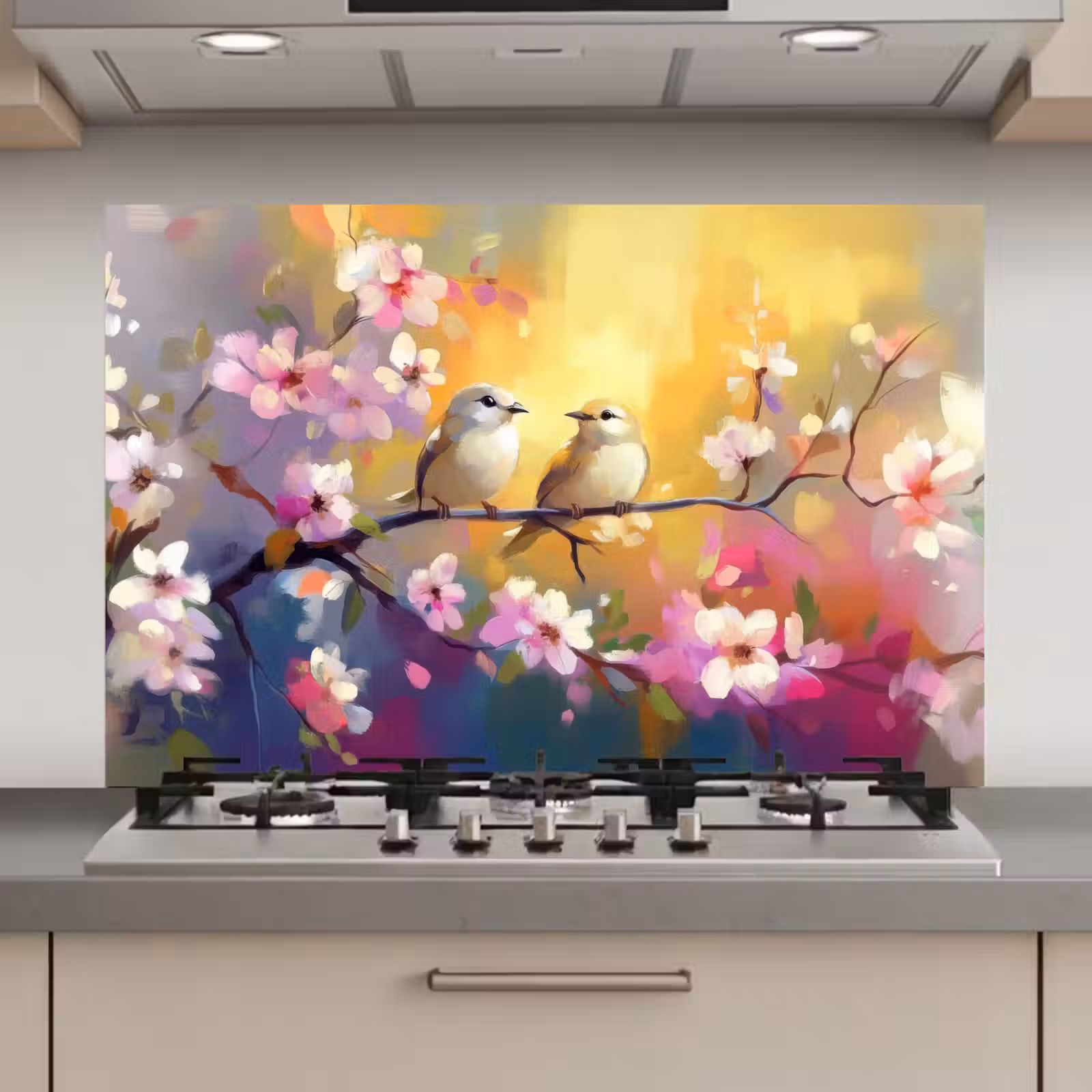Spatscherm keuken - Vogels - Bloemen - Roze — 1