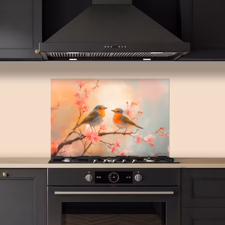 Spatscherm keuken - Roodborstjes - Sierlijk - Bloesemtak — 2