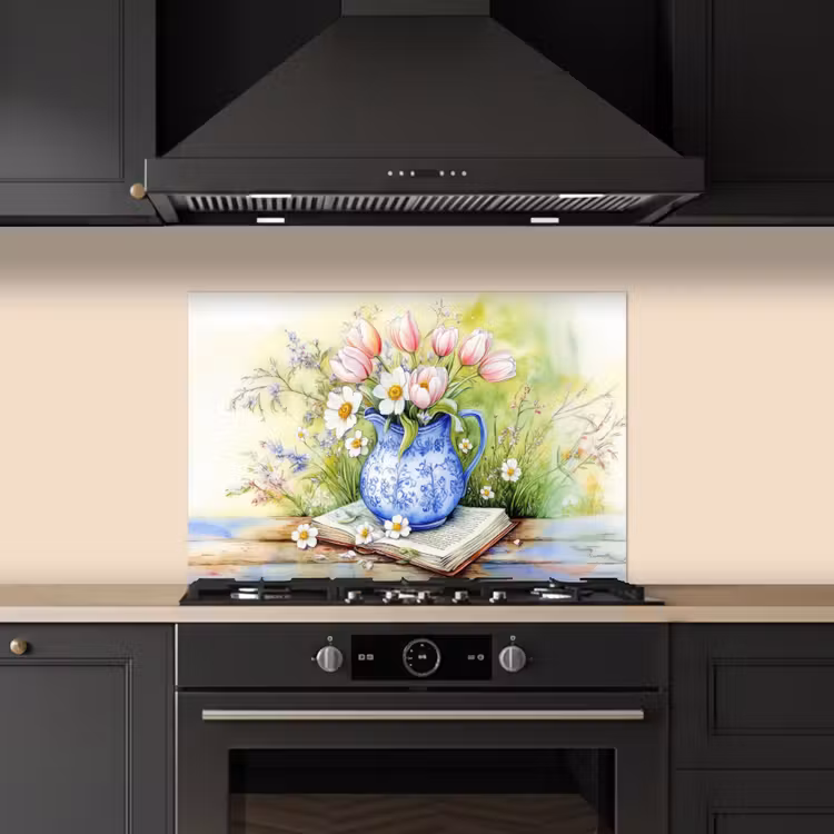 Spatscherm keuken - Vaas - Delftsblauw - Madeliefjes — 2