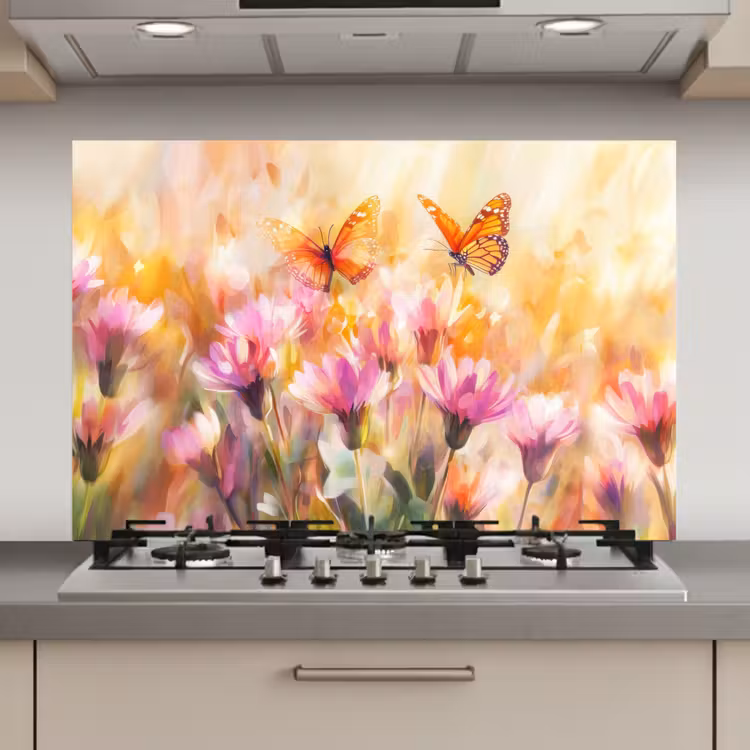 Spatscherm keuken - Vlinders - Oranje - Bloemen — 1