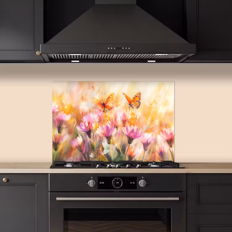 Spatscherm keuken - Vlinders - Oranje - Bloemen — 2