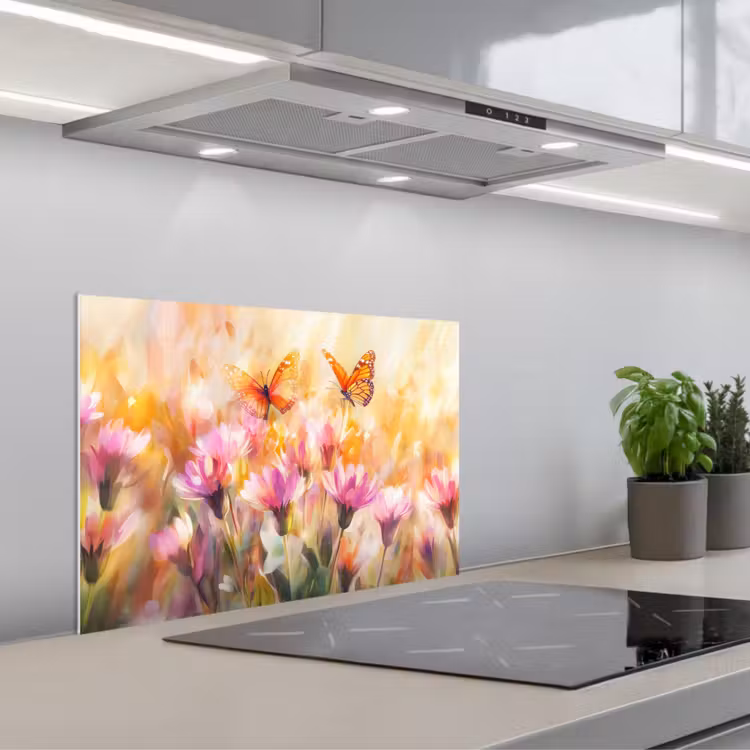 Spatscherm keuken - Vlinders - Oranje - Bloemen — 5