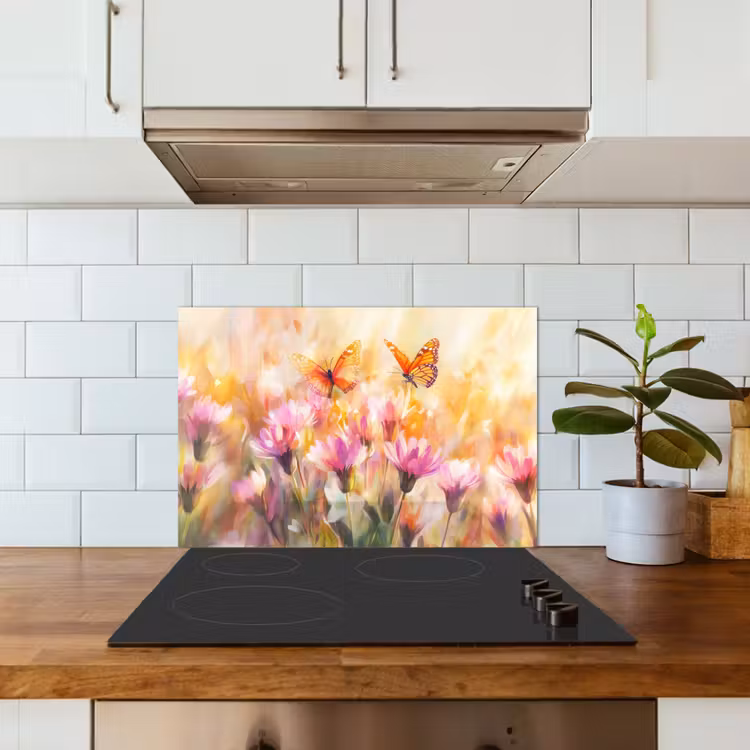 Spatscherm keuken - Vlinders - Oranje - Bloemen — 6