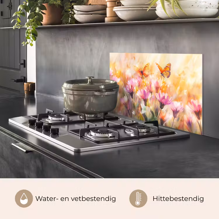 Spatscherm keuken - Vlinders - Oranje - Bloemen — 7